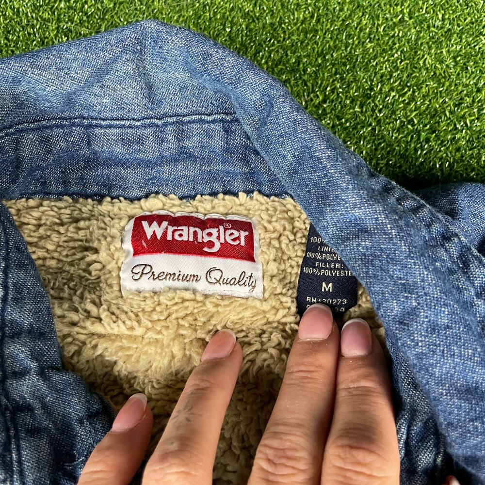 Vintage Wrangler Mens Blue Denim Sherpa Lined Shirt Jacket Sz M - Picture 3 of 6